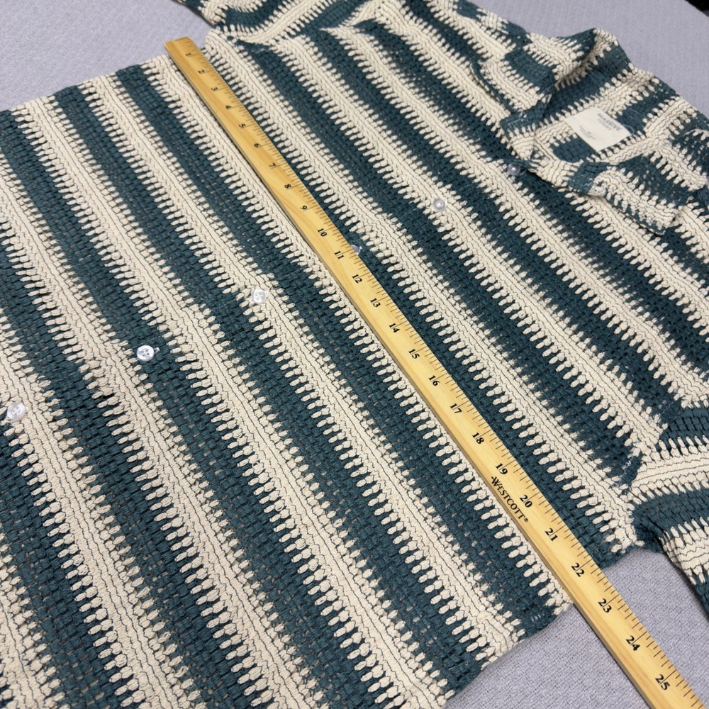 Massive Luxury Mens Green Cream Striped Open Knit Crochet Camp Shirt Medium - Picture 8 of 9